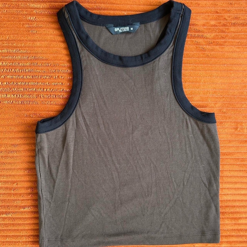 Splits59 brown & black cropped ribbed tank top with racer back